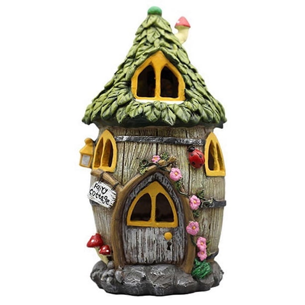 Resin Houses with Solar LED Lights Fairy Garden Accessories Outdoor Cottage Figurines Lawn Ornaments,A