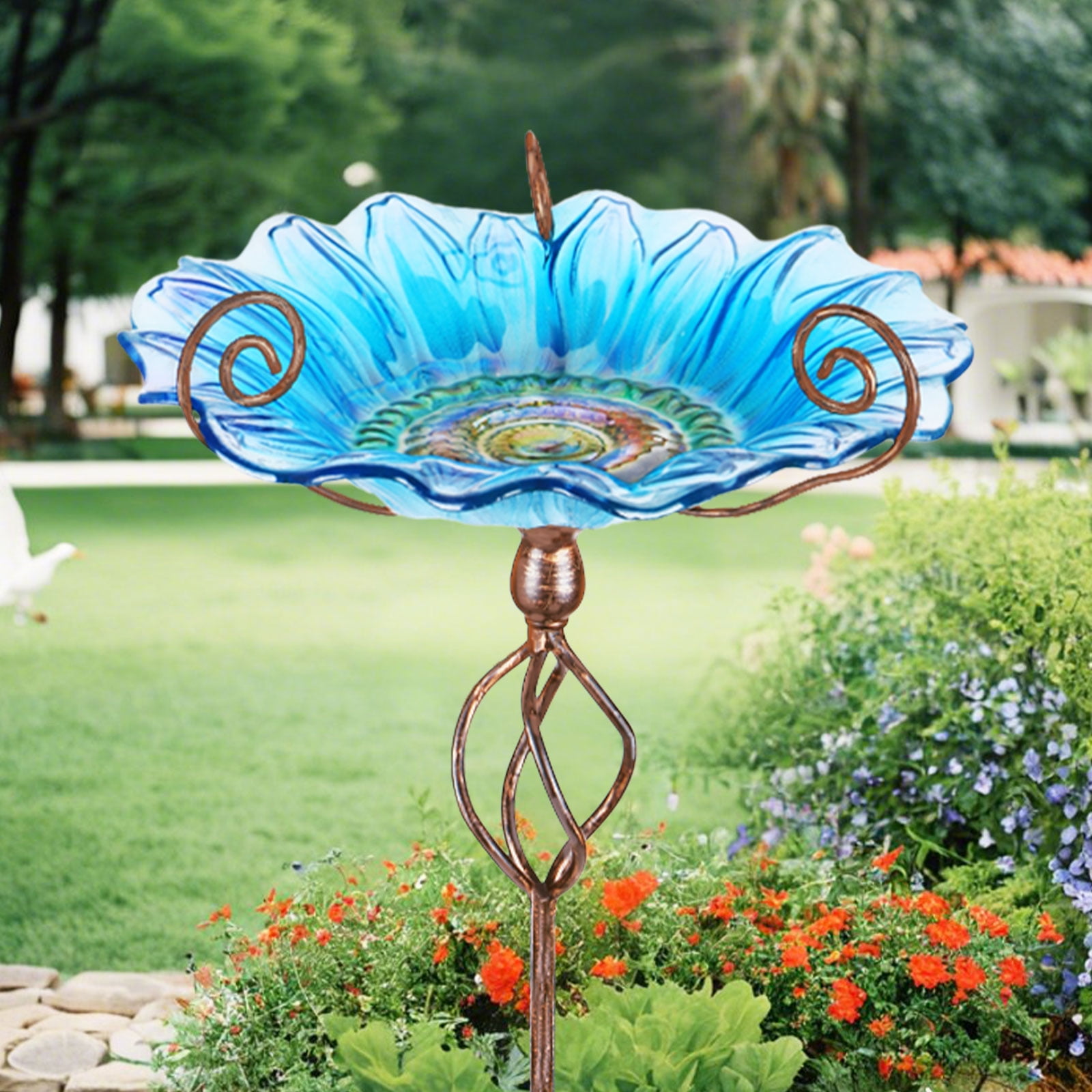 Bird Baths - Outdoors Sunflower Glass Birdbaths Outdoor Garden Birdfeeder with Metal Stake Bowl with Stake for Garden Yard Decor Blue