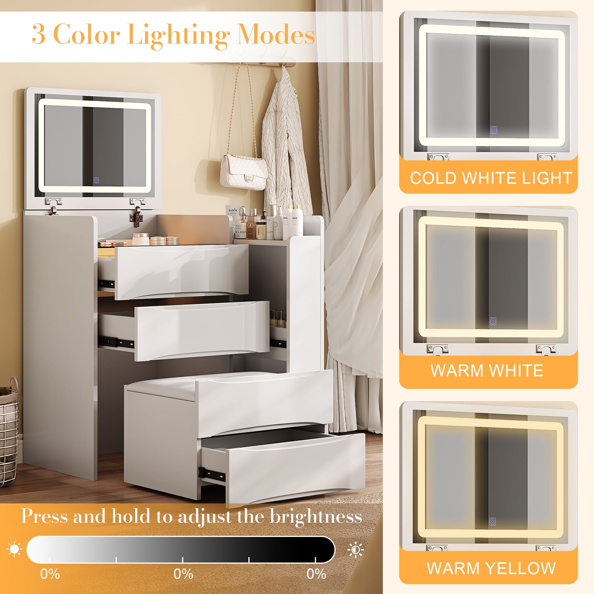 3-in-1 Flip Mirror Vanity Desk with Lights & Storage, Makeup Dressing Table with Adjustable LED, Side Sliding Tray and Stool, Space-Saving Furniture for Bedroom(White)