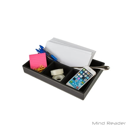 Faux Leather Desk - Mind Reader Desk Supplies Organizer For Letters, Pens, Pencils, Phone and Desk Accessories, 4 Compartments, Faux Leather