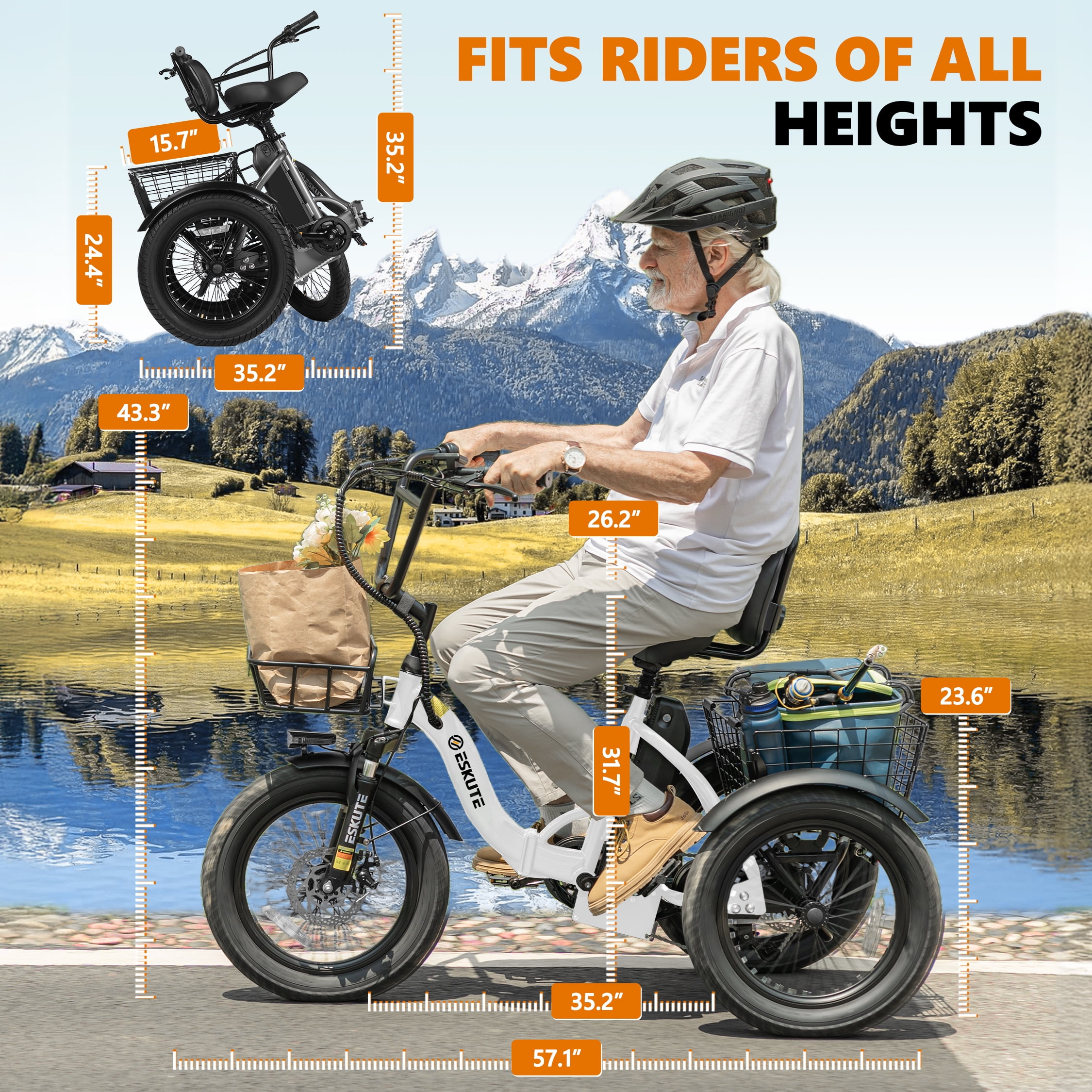 ESKUTE White E Trike Electric Bike, Peak 1200W Brushless Motor Folding Trike 18X3.0 Fat Tire Ebike, 499Wh Removable Battery, Step-Thru 3 Wheel Electric Bicycle, 48V 13AH 18MPH+ Tricycle for Adults