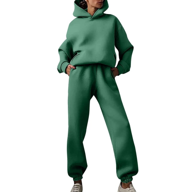 Conjunto de sudadera con capucha y pantalones de color liso para mujer: traje informal de manga larga gruesa con cuello con cordón, mezcla de poliéster y algodón