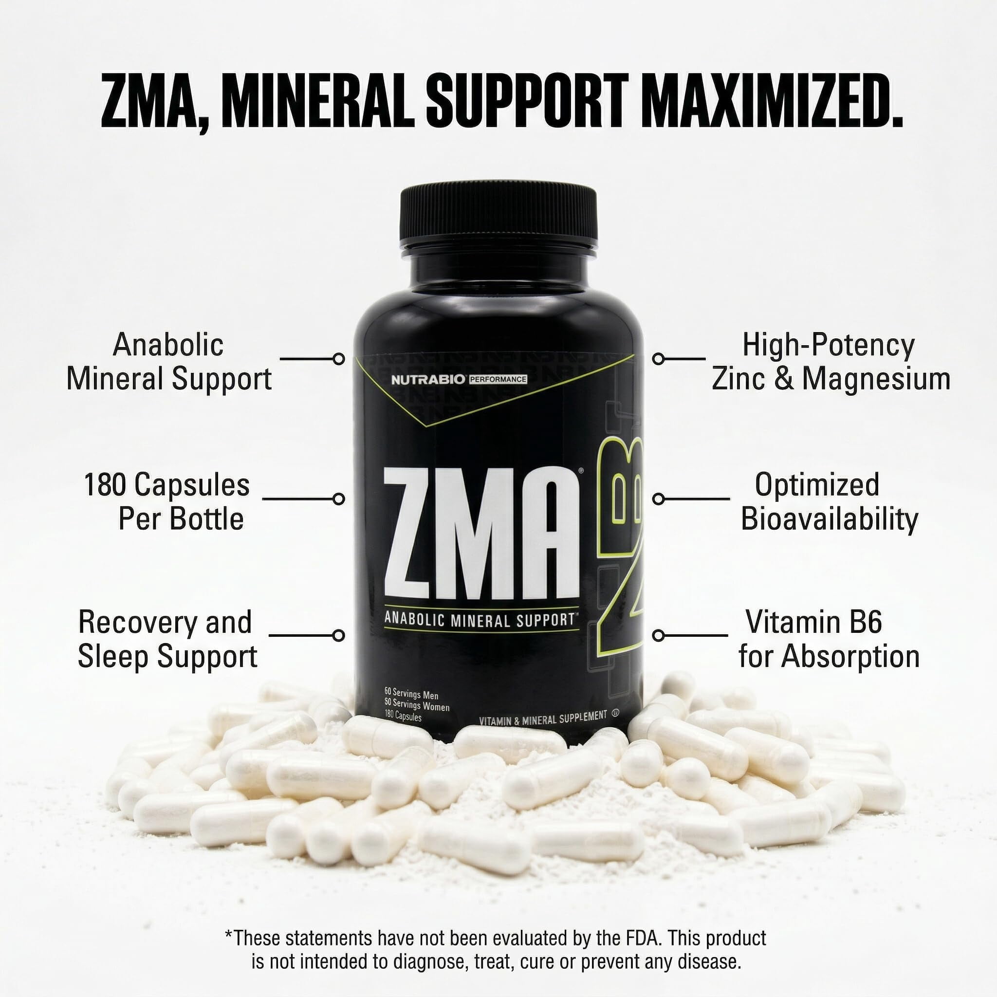 NutraBio ZMA Vegetable Supplement - Anabolic Mineral Support - 180 Capsules - Recovery, Growth, Sleep - Zinc, Magnesium, and B6 Formula