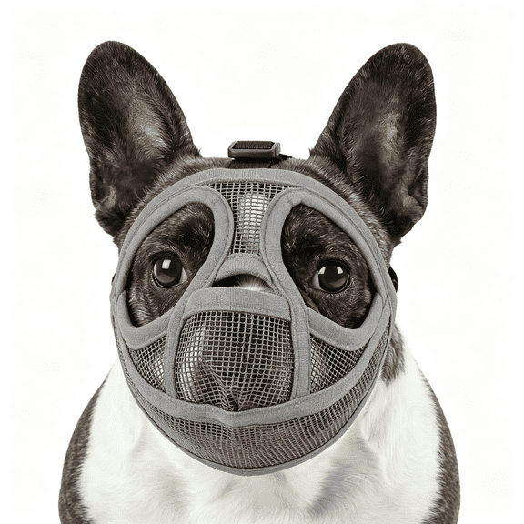 GASTROPOD Short Snout Dog Muzzle,Breathable Soft Mesh French Bulldog Muzzle for Flat Faced Dogs,Adjustable to Prevent Scavenging,Allow Grooming,Drinking & Panting with Tongue Out (Grey Xxs)