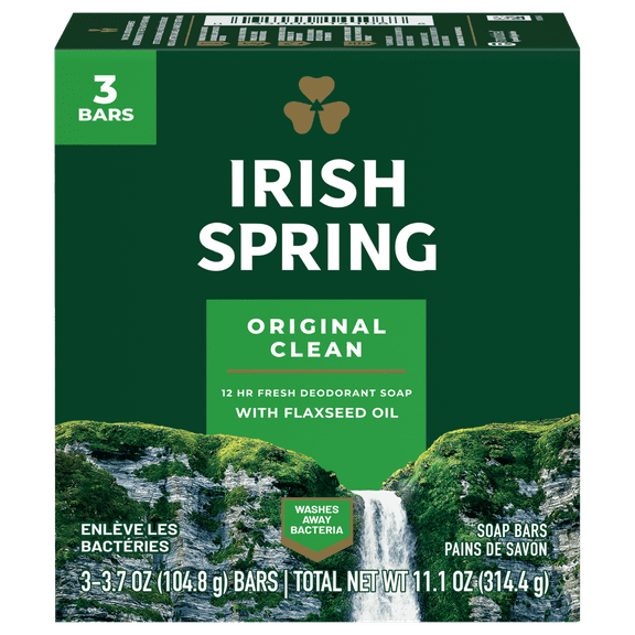 Irish Spring Original Clean Deodorant Bar Soap for Men,  for All Skin Types, 3.7oz, 3 Pack