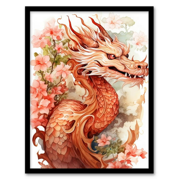 Fantasy Dragon Serpent Floral Pink Orange 2024 Chinese Year Of The Dragon Art Print Framed Poster Wall Decor 12x16 inch