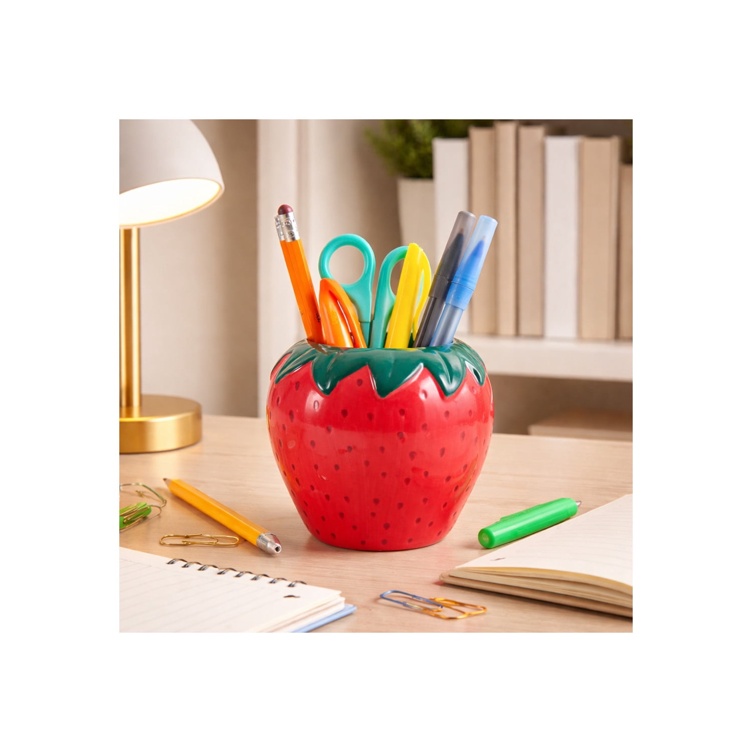 Decorative Ceramic Strawberry Pencil Cup for Desk Organization - Small Desktop Office Storage Organizer for Workspace Decor - Modern Desk Accessory for Home Decor Display - 4", Red & Green