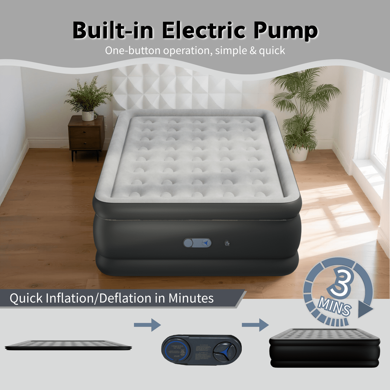 Queen 22" Top Flocking Air Mattress with Built-in Pump Raised Comfort,Fast Inflation/Deflation Foldable Portable Air Bed with Storage Bag for Home,Camping,Guests Grey