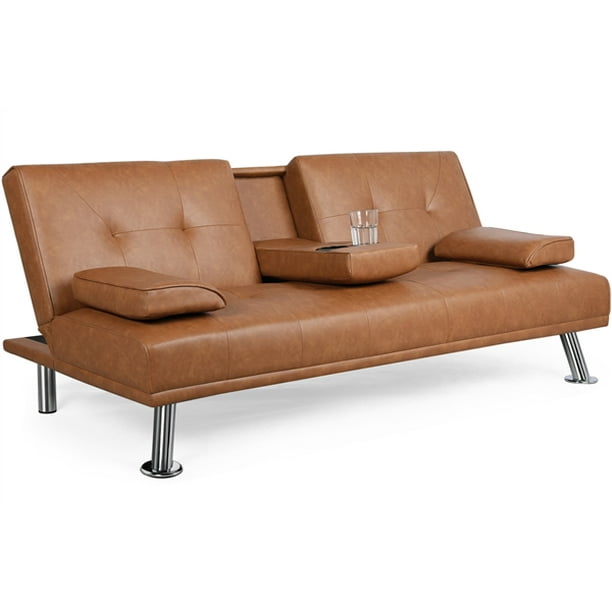 Topeakmart Modern Faux Leather Futon Sofa Bed Home Recliner Couch Furniture With Armrest Brown Com Topeakmart Modern Faux Leather Futon, Dhp Noah Sectional Sofa Bed With Storage Twin Camel Faux Leather