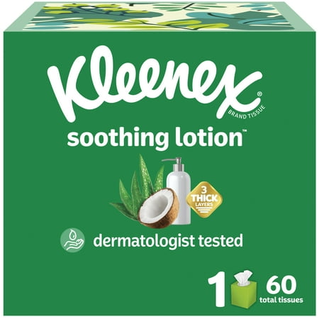 Kleenex Soothing Lotion Facial Tissues with Coconut Oil, 1 Cube Box, 60 Tissues per Box