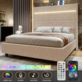 thumbnail image 2 of VanAcc Queen Bed Frame with LED Lights Charging Station, Corduroy Upholstered Platform Bed Frame with 60" Tall Wingback Headboard/Beige, 2 of 8