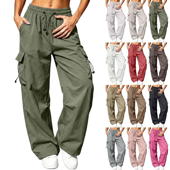 Kmdttou Cargo Pants Women Stretchy New Straight Tube Solid Color Button Multi Pocket Casual Drawstring Work Pants