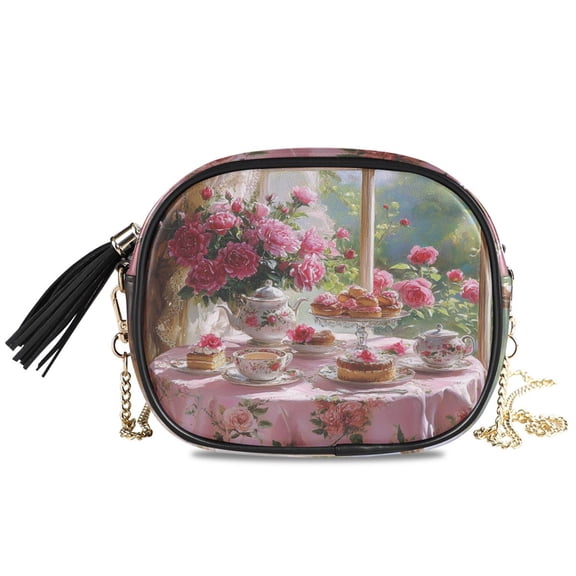 Womens Casual Chain Shoulder Bag Simple style Tea Set with Pink Roses Crossbody Bag