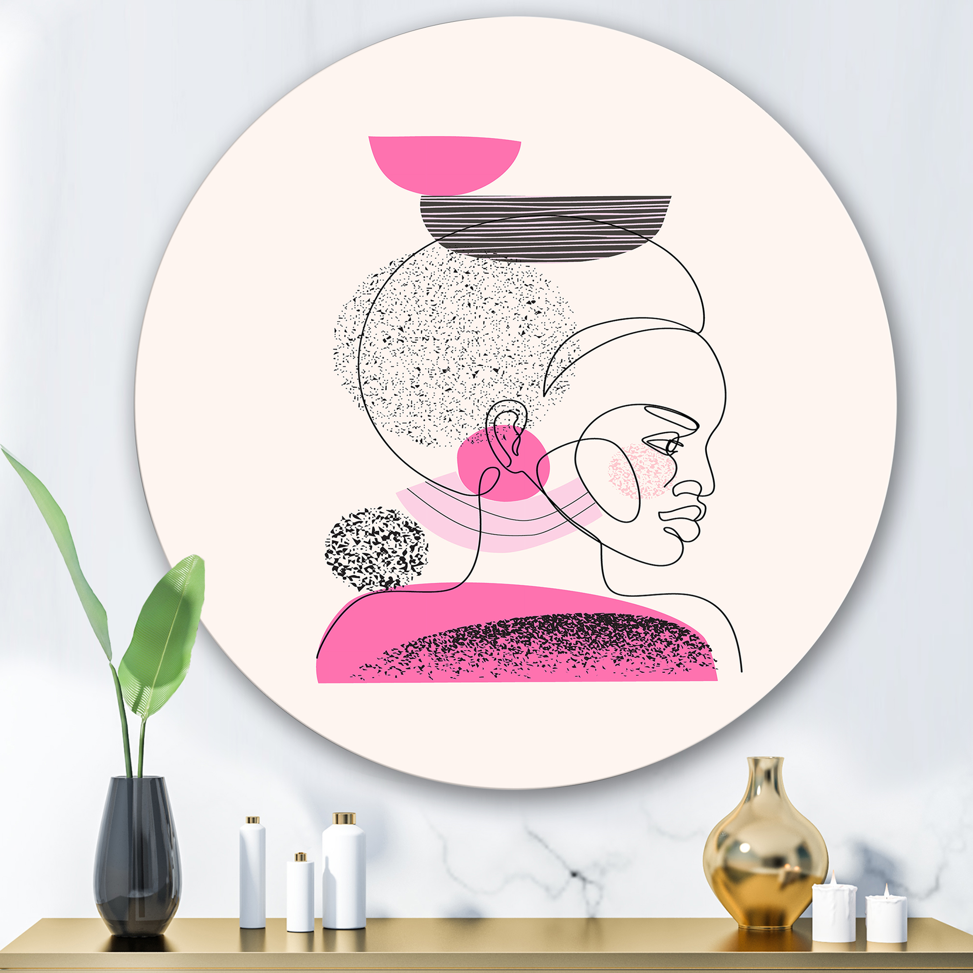 Designart 'One Line Portrait of Afro American Women V' Modern Circle Metal Wall Art 36x36 - Disc of 36