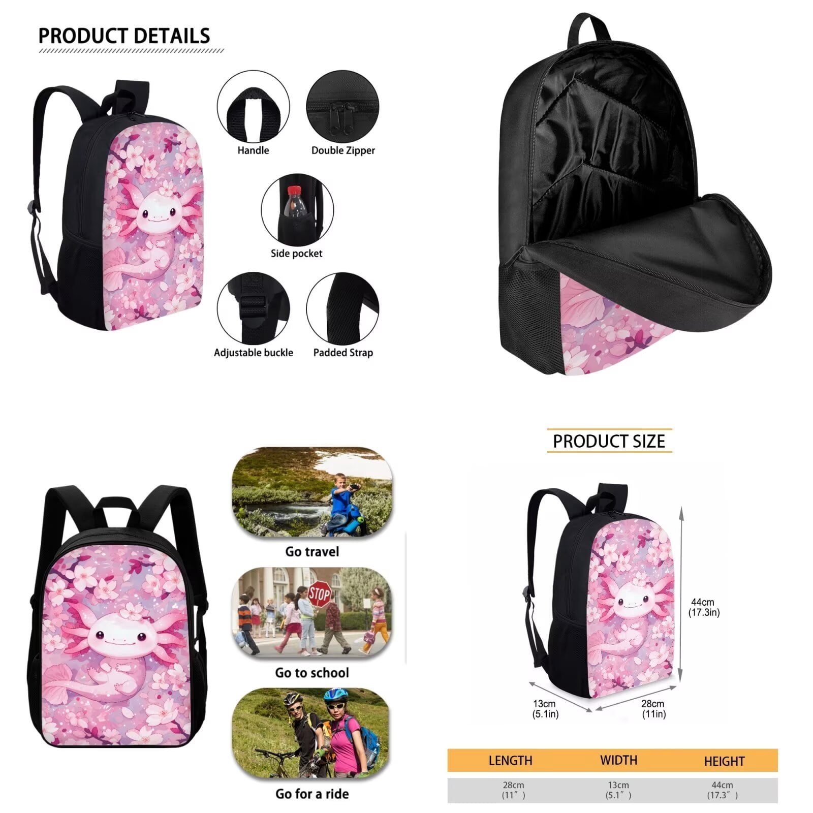 Binienty Axolotl Backpack With Lunch Box And Pencil Case for Girls Cherry Blossom Girls Bookbag Ages 6-8 Pink Schoolbag 17 Inch Kids Back to School Gifts