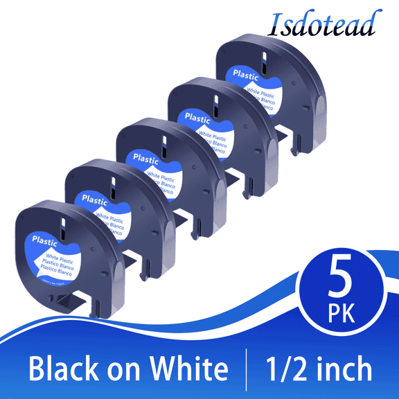 Markdomain Label Replacement 91331 LT Plastic Label Tape 1/2" x 13' (12mm x 4m) Black on White Compatible for DYMO Letratag LT-100H Refills (5 Pack)