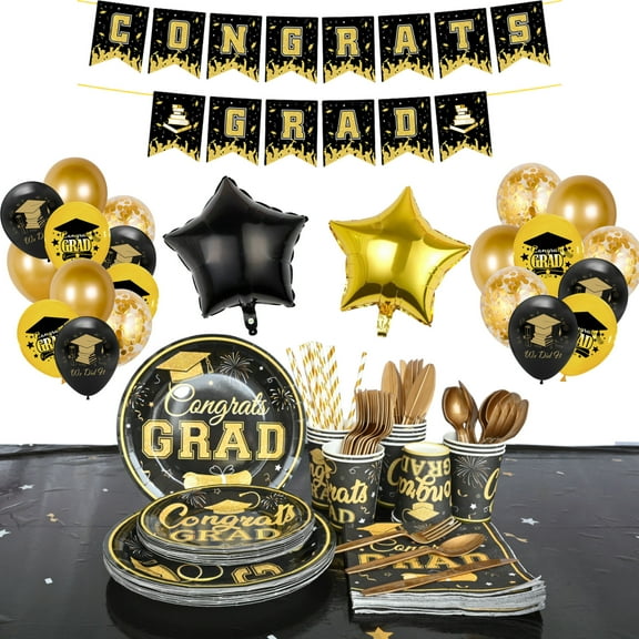 Graduation Plates and Napkins 2025, Gold and Black Graduation Decorations 152pcs Graduation Paper Plates and Napkins Graduation Party Supplies for Graduation Party Decorations,Serve 16