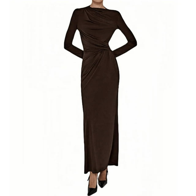 RXMEKW Robe Maxi à Encolure Asymétrique pour Femmes à Manches Longues, Taille Froncée, Coupe Ajustée, Couleur Unie