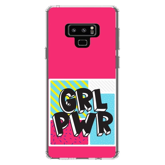 DistinctInk Clear Shockproof Hybrid Case for Samsung Galaxy Note 9 - TPU Bumper, Acrylic Back, Tempered Glass Screen Protector - Girl Power - GRL PWR - Pink Background