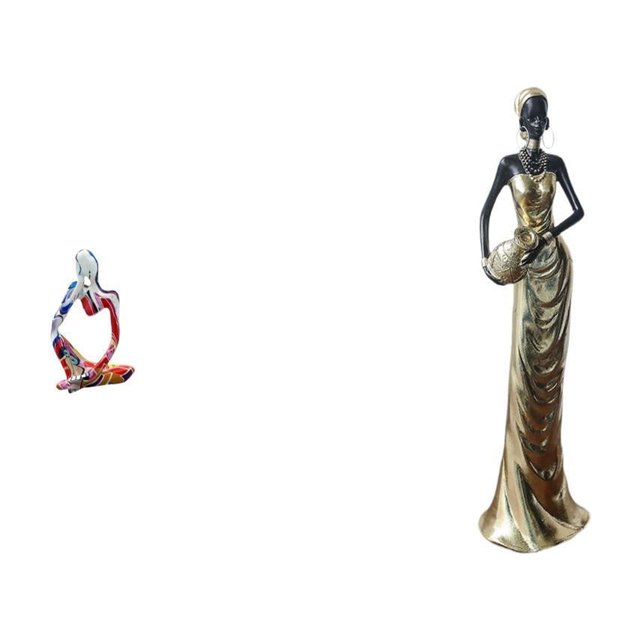 Estatua de resina de una mujer pensativa sentada. Figura decorativa de estilo tribal femenino. Pieza de colección elaborada en poliresina resistente.