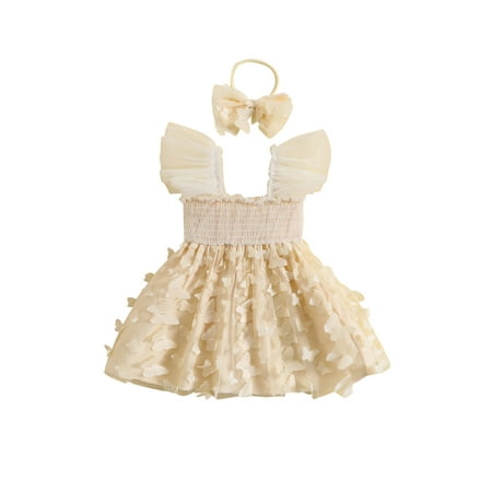 

Suanret 2Pcs Kids Toddler Girls Dress Outfits Butterfly Princess Tulle Dress with Headband Party Summer Dress Apricot 4-5 Years