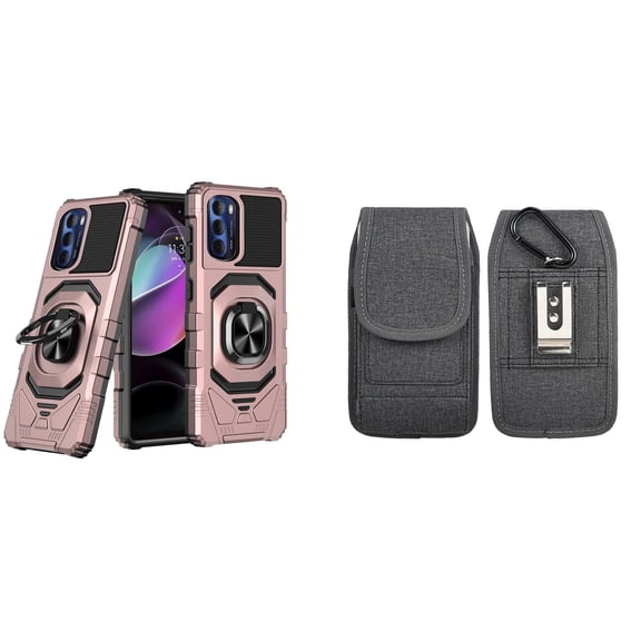 Case with Belt Holster Bundle for Moto G Stylus 5G 2022: Heavy Duty Shield Cover (Rose Gold) and Vertical Phone Pouch Nylon Fabric (Grey)