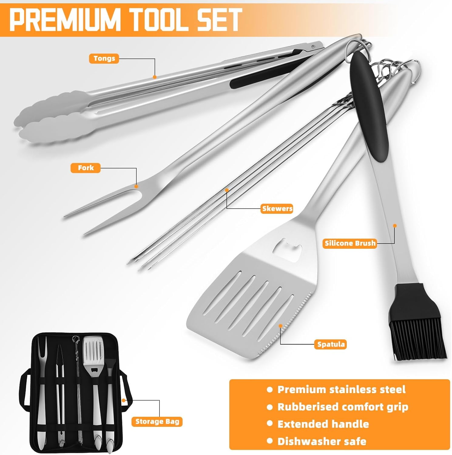 9Pcs Grill Accessories Set with Extra Thick Stainless Steel Spatula, Fork, Tongs, Skewer & Brush, Complete BBQ Grill Tools Kit with Portable Bag, Grilling Gifts for Men Dad Birthday Christmas