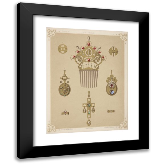 Martin Gerlach 12x14 Black Modern Framed Museum Art Print Titled - Eight Designs for Jewelry, Including Gold Comb with Red and Gray Pearls. (1872 - 1873)