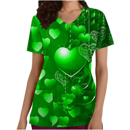 

REORIAFEE Women s St. Patrick s Day Scrub Top V-Neck Short Sleeve Working Uniform Blouse Workwear 90s Tops Date Night Blouse Athletic Shirt Army Green XL