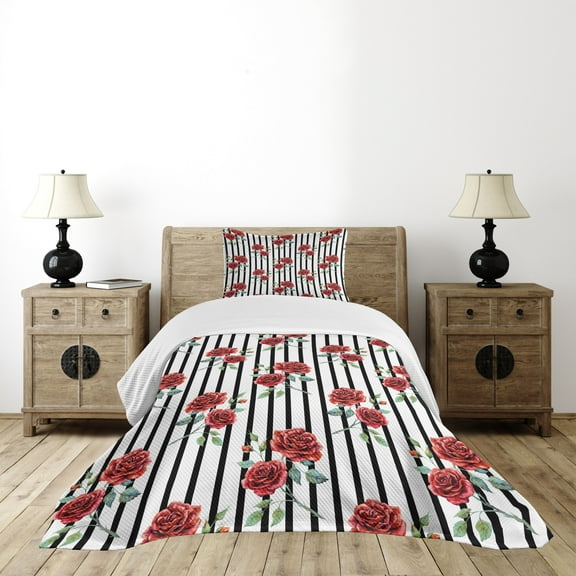Ambesonne Watercolor Quilted Bedspread Set 2 Pcs, Valentines Day Rose, Twin Size, Ruby Reseda Green Black
