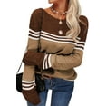 thumbnail image 2 of Women Autumn Winter Colorblock Pullover Sweaters Round Neck Striped Slim Fitting Knitwear Tops, 2 of 9