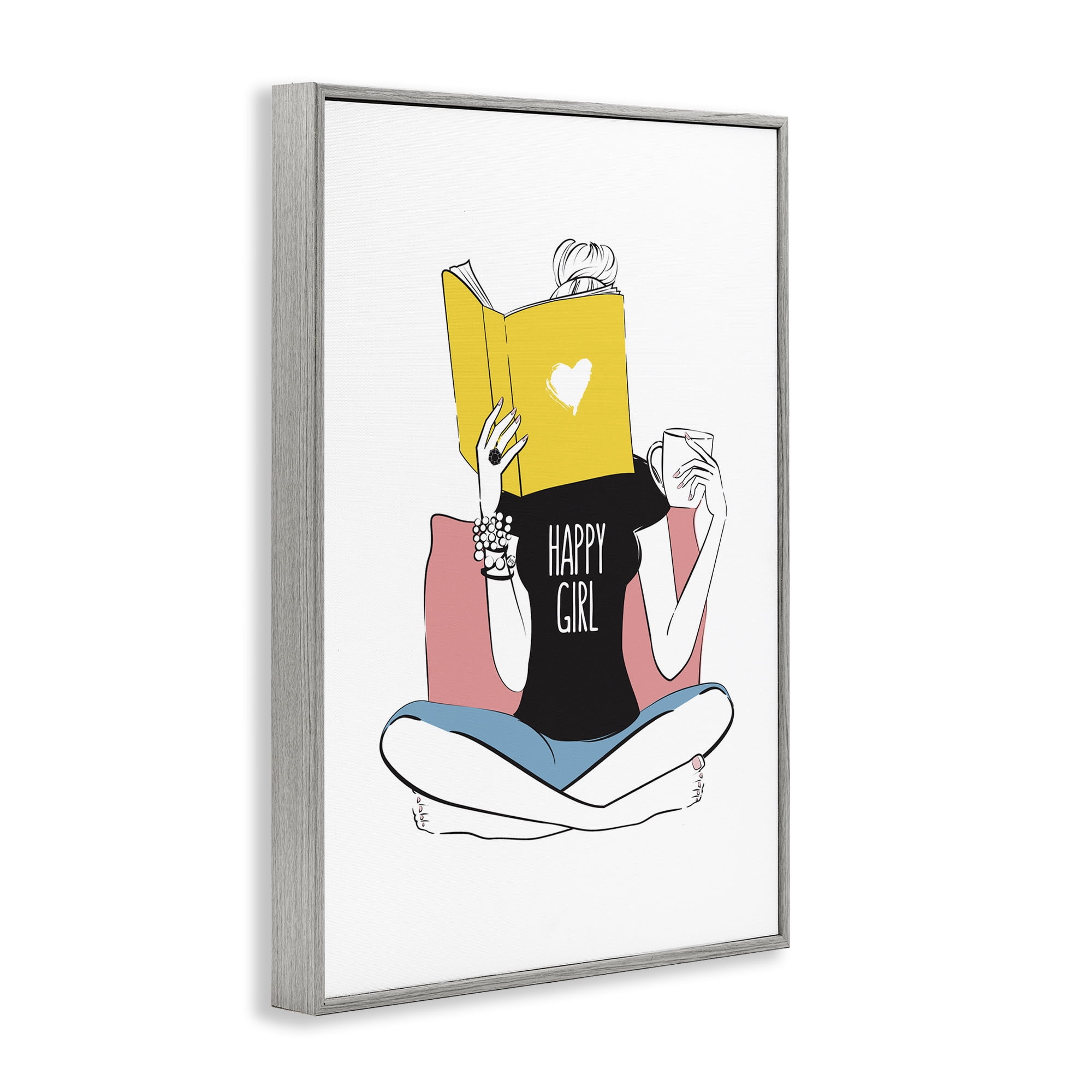 Stupell Industries Happy Reader Girl Novelty Painting Gray Framed Art Print Wall Art, 16 x 24