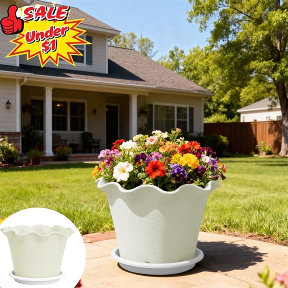 Qocolcyl Under $1 6.29in Ruffled Wave Rim Plastic Planter with Drainage Tray, Decorative Flower Pot for Lily Indoor Outdoor Patio Garden Planting,White