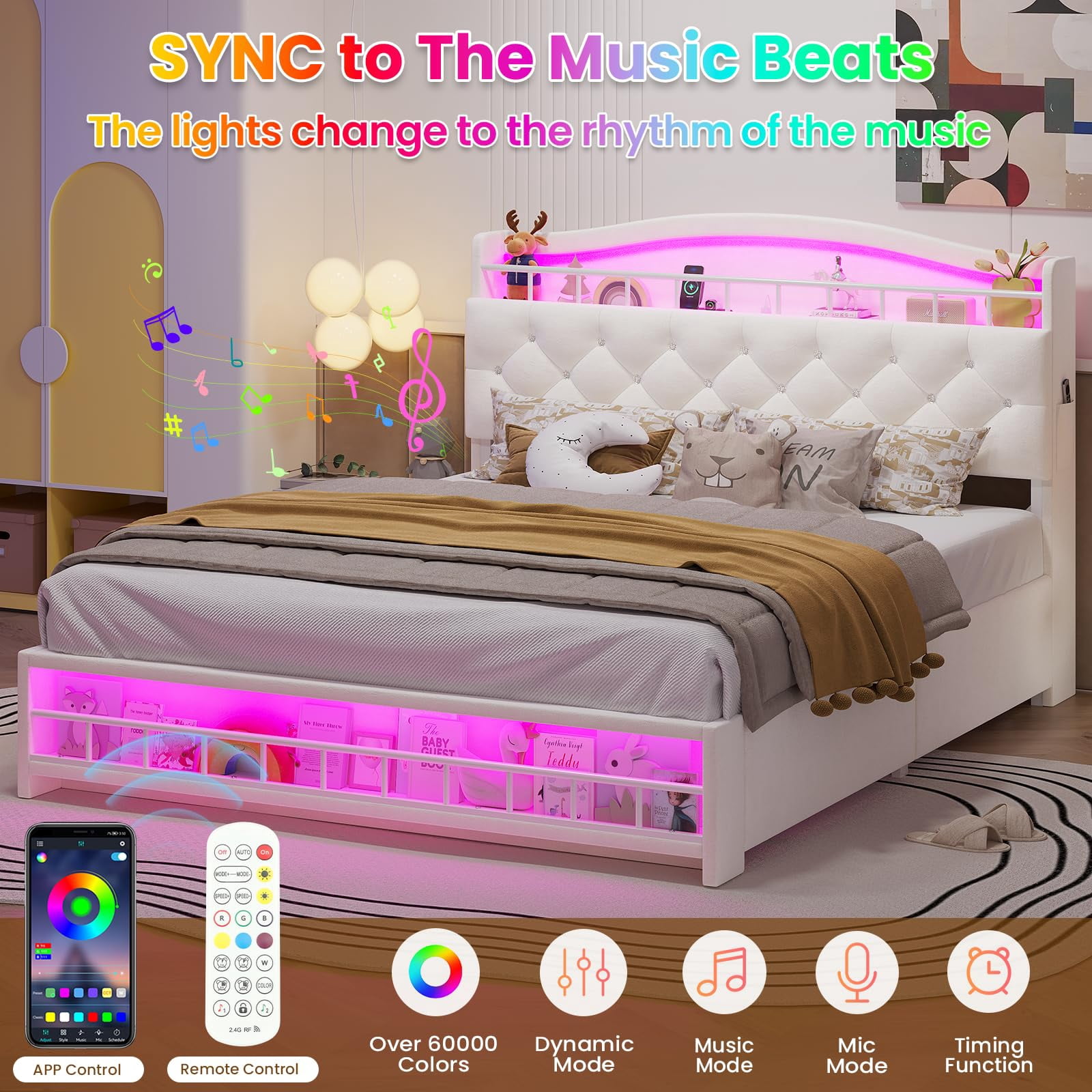 Afuhokles Full Size Bed Frame with LED Lights and 4 Drawers, Velvet Upholstered Platform Bed, Headboard with Charging Station and Crystal Button, White