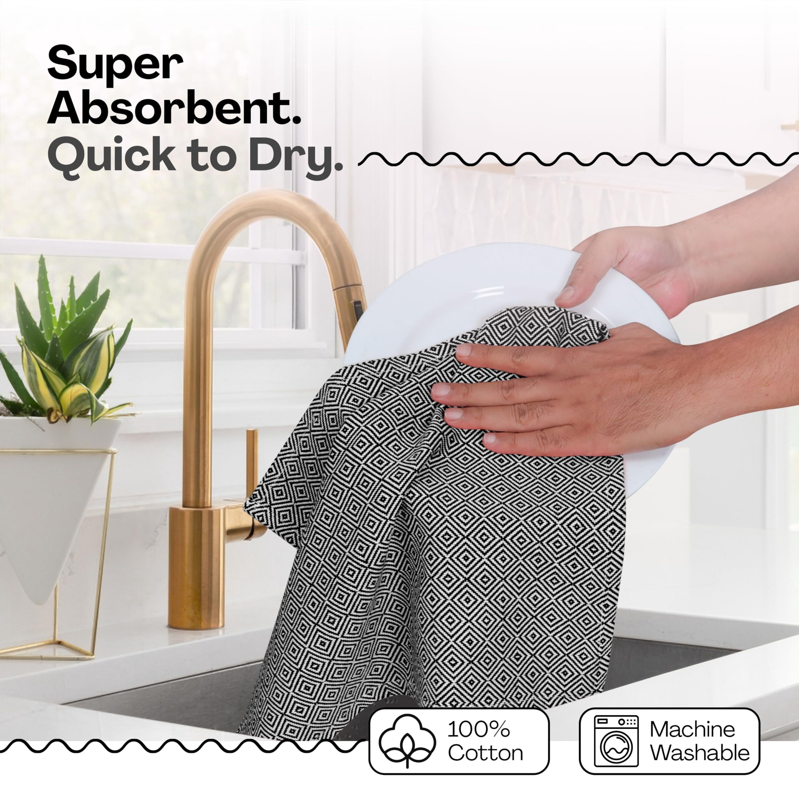 HEIRLOOM COMFORT Black Kitchen Towels, 5 Pack, 100% Cotton, 16"x26", Super Absorbent and Quick Dry, Diamond Design Towel Set, Reusable, Durable Dish Cloths for Kitchen Use, Cleaning & Drying Dishes