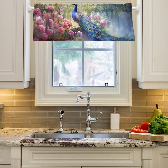 Peacock Flowers Trees Curtain Valances Farmhouse Design Window Treatment Decor Blackout Rod Pocket for Windows Living Room Kitchen 54" x 18"