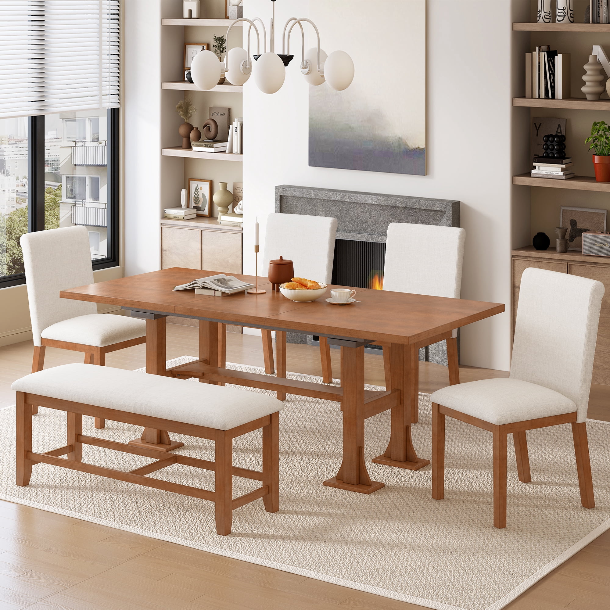 6-Piece Dining Table Set for 6, 58"-76" Extendable Dining Table with Removable Leaf, 4 Chair and Bench
