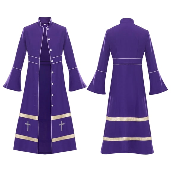 ZGRBOU Clergy Robe for Women Long Sleeve Stand Collar Cassock Flared Sleeves Button Vestments Halloween Cosplay Costume