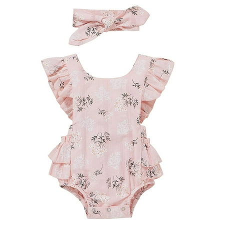 

EHTMSAK Newborn Infant Baby Toddler Girl Summer Cotton Floral Flutter Sleeve Sleeveless Bodysuit Pink 0-24M 80