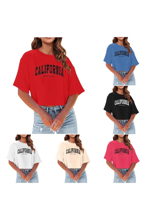 Womens California West Coast Crop Tops Crewneck Short Sleeve Letter Print Casual Oversized Tee Tops
