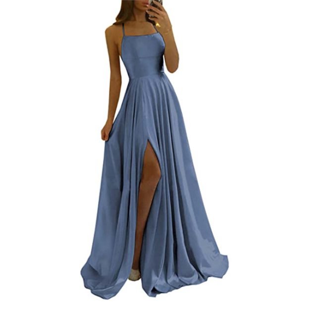 2025 Robe Femme Couleur Unie Soirée Météo Robe Dame Aguichant Dos Ajouré Robe de Fête Dame Mousseline devant Pièce Rétro Robes pour Dames Robe Fendue