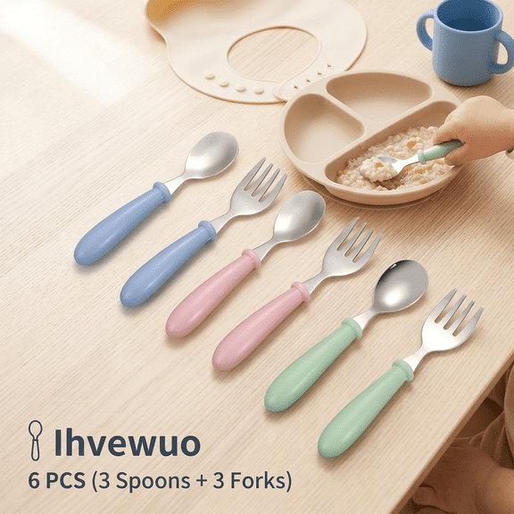 Ihvewuo 6pcs Toddler Utensils Stainless Steel Baby Forks and Spoons Silverware Set Kids Silverware Children's Flatware Kids Cutlery Set Round Handle for LunchBox, 3 x Safe Forks,3 x Children Spoons