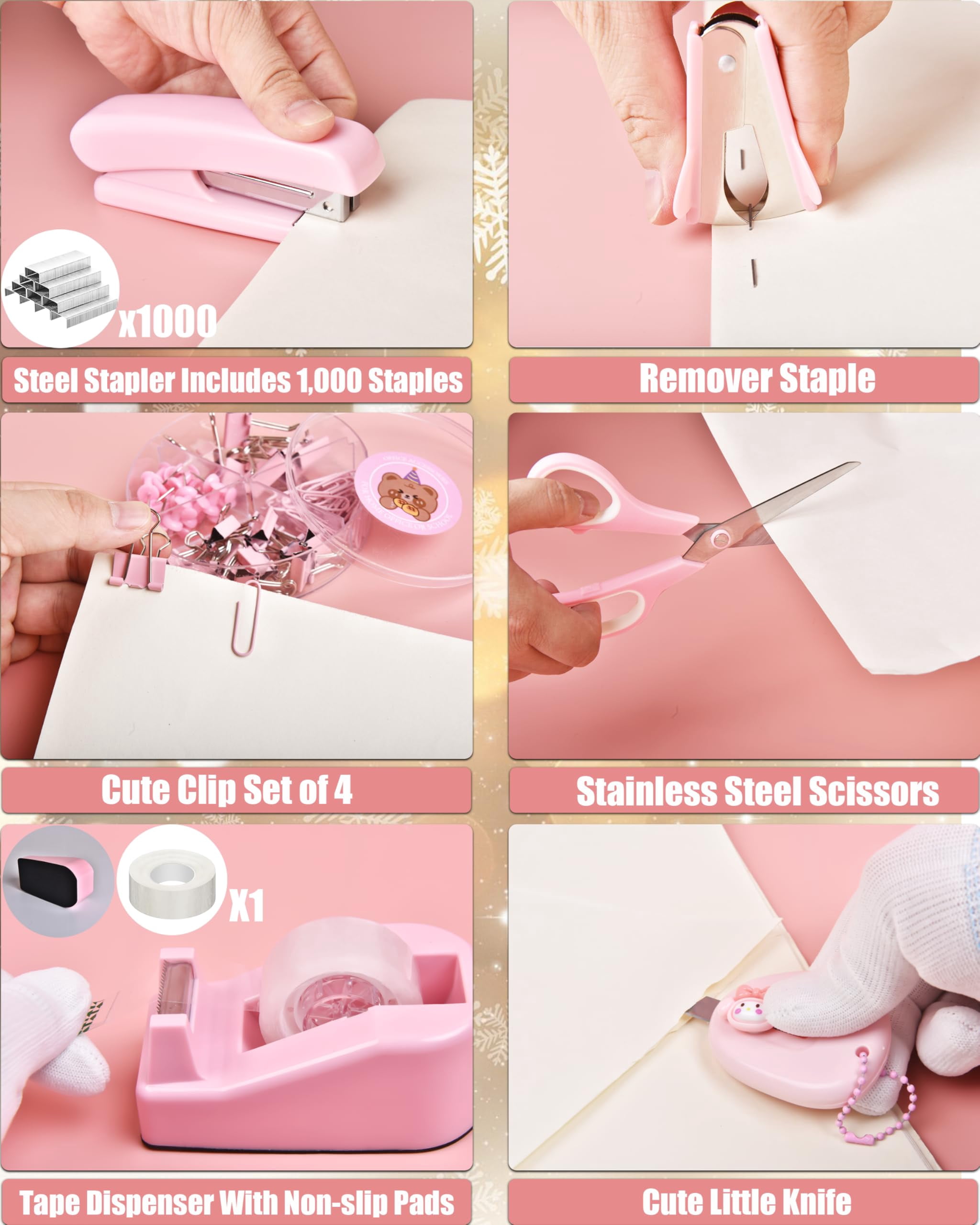 24 Piece Pink Desk Accessories Set, Office Supplies and Organizers with Tape Dispenser, Stapler, Staple Remover, and More, Gift Box Packaging