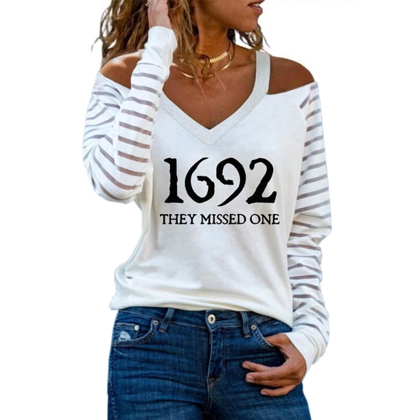 ICHUANYI Liquidación Moda Mujer Cuello en V Camiseta de manga larga Estampado Hombro frío Blusa suelta Tops ICHUANYI WER202308173209