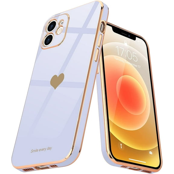Compatible with iPhone 12 Case for Girl Women Cute Love-Heart Luxury Bling Plating Soft Back Cover Raised Full Camera Protection Bumper Silicone Shockproof Phone Case for iPhone 12, Purple