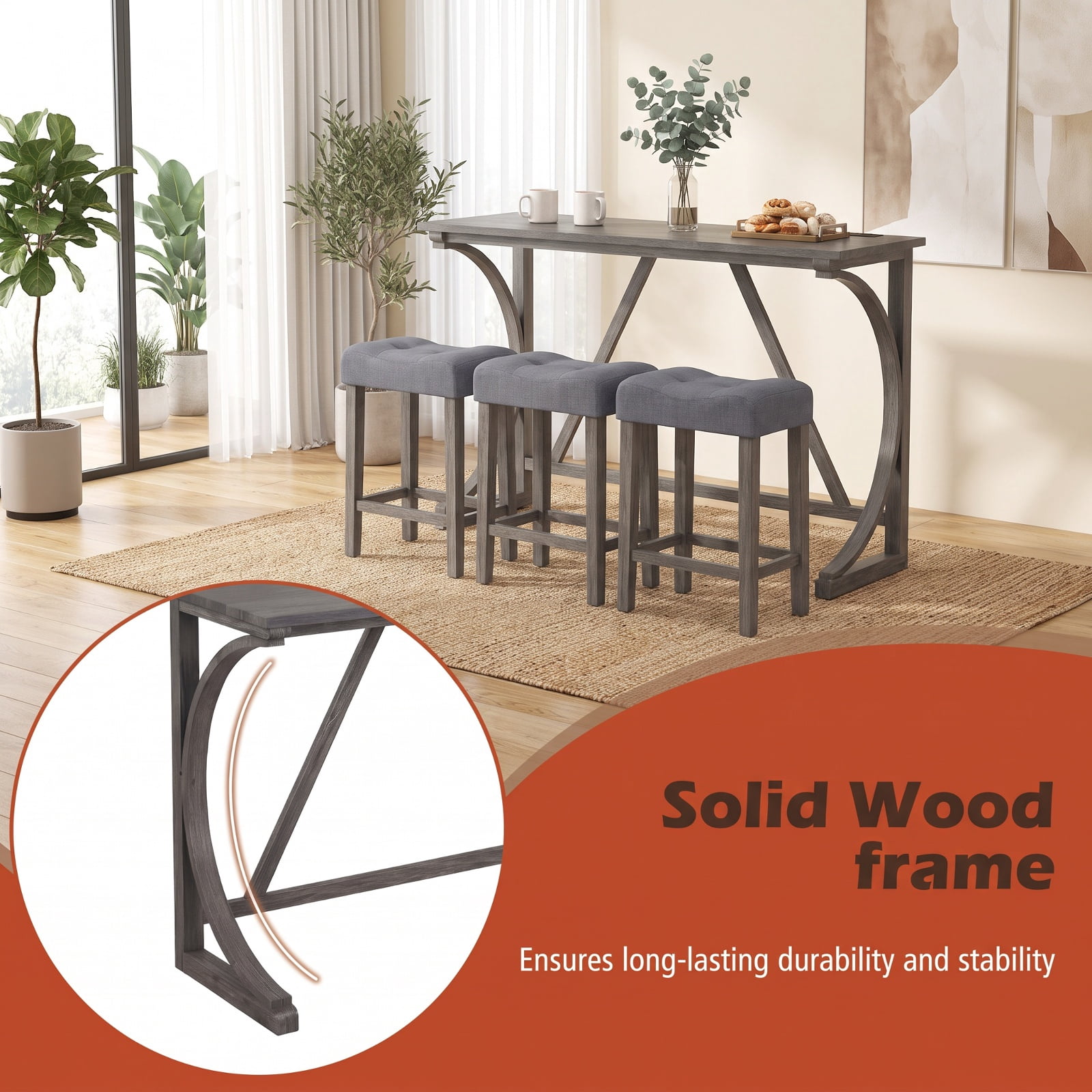 Furnibear 4 Piece Bar Table Set with Power Outlet USB Port and Upholstered Saddle Seat Stools