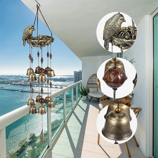 Fiudx Carillón de Viento de Pájaro, Diseño Relajante de Resina, 12 Campanas de Aleación de Cobre, Tonos Armónicos Relajantes, Decoración para Jardín o Patio, Fácil Instalación con Gancho En Forma de