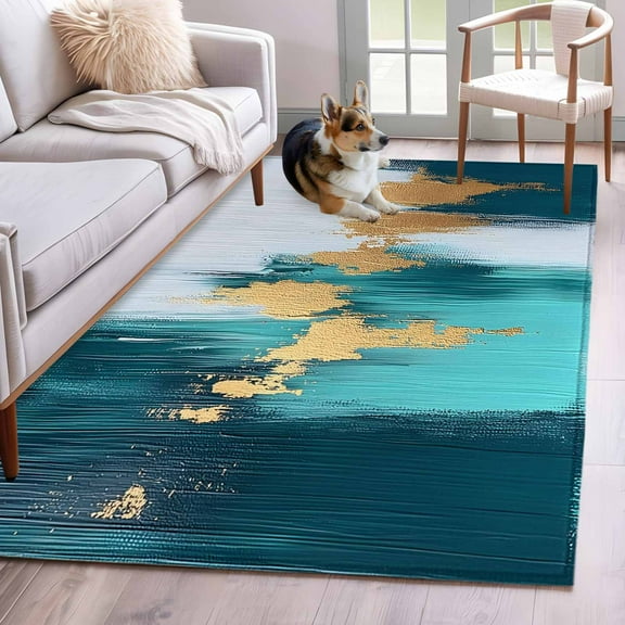 Teal Blue Area Rug 4x6 Washable Rug Non Slip Yellow Abstract Art Modern Large Area Rug Indoor Floor Carpet for Entryway Bedroom Kitchen Living Room Home Office Dining Room Nursery