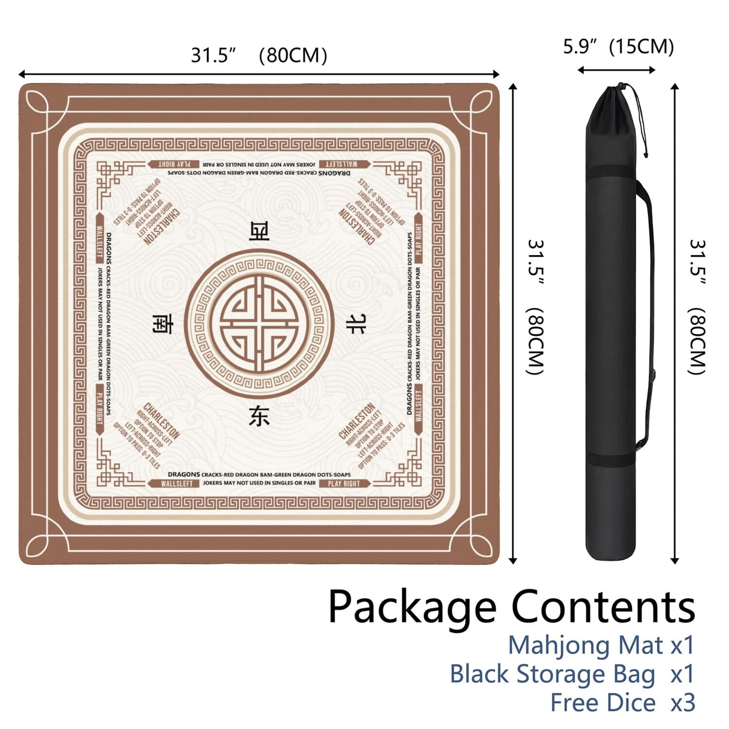 Brown Mahjong Mat with Rules, 31.5*31.5in Anti Slip American Mahjong Mat for Table, Noise Reduction, Neoprene Mah jongg Mats with Carrying Bag & 3 Dices, Mahjong Supplies Gift, Board Tile Games Mats