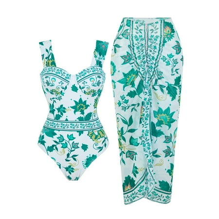 Swimsuits for Women Bikini Set Women S Retro Fashion Bandeau Swimsuit With Beach Cover Up Wrap Skirt Two Bikini Set Green Women s Bikinis Set XL